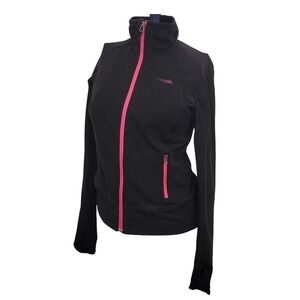 Bench Track Jacket Women's Small Black Neon Pink Zip Funnel Neck Thumbholes Y2K